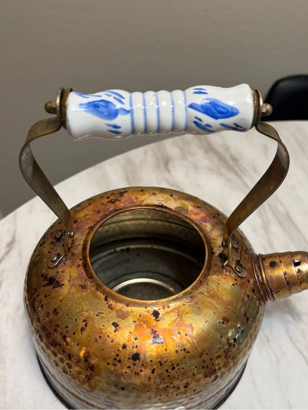 copper hammered tea kettle porcelain hand painted handle & lid knob